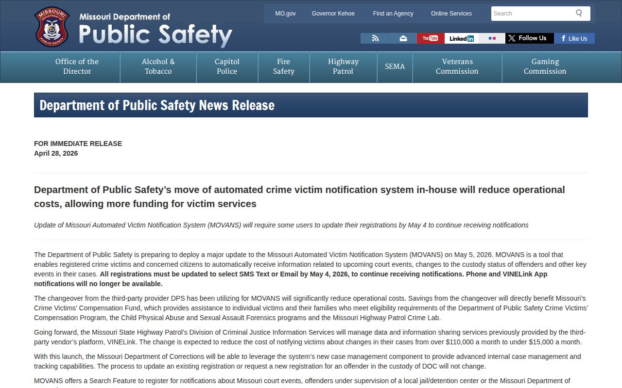 Putnam County VINE release notification channel change from Missouri DPS
