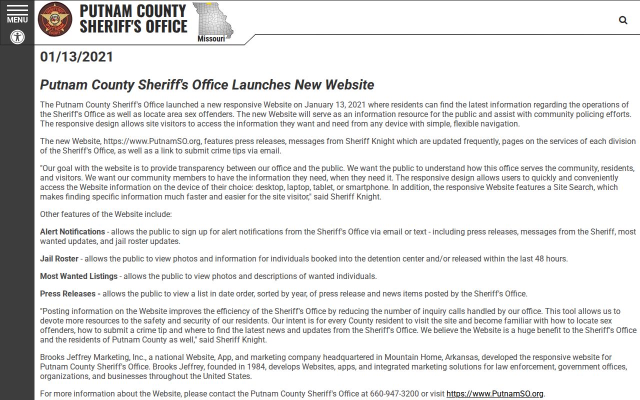 Putnam County Sheriff announcement describing the official 48-hour released-inmate roster
